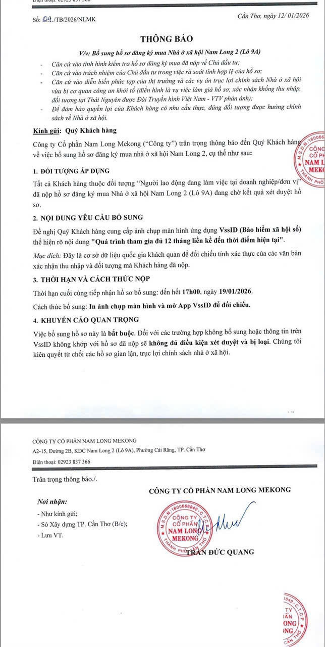 THÔNG BÁO BỔ SUNG HỒ SƠ – NHÀ Ở XÃ HỘI NAM LONG 2 (Lô 9A)